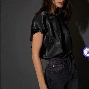 Nation Ltd Maeve Ruffle Tee — Black, Short Sleeve, Size S